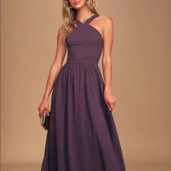 fitted lace wedding dress Berylove Women Grey Purple A Line Maxi Dress V Neck Embroidered Chiffon  Wedding Party Guest Dress with Long Sleeves main image 0